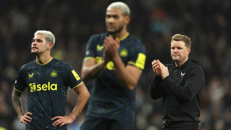 Newcastle's head coach Eddie Howe, right, Newcastle's Joelinton, centre, Newcastle's Bruno Guimaraes react to their loss at the end of the English Premier League soccer match between Tottenham Hotspur and Newcastle United, at the Tottenham Hotspur Stadium, London, England, Sunday, Dec.10, 2023. (AP Photo/Ian Walton)