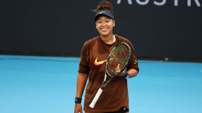 Naomi Osaka of Japan reacts as she was practicing during a training session ahead of the Brisbane International tennis tournament in Brisbane, Australia, Wednesday, Dec. 27, 2023. (Tertius Pickard/AP)