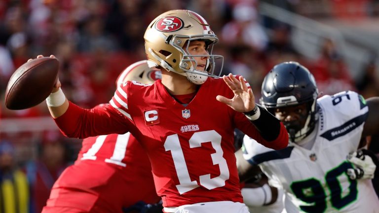 San Francisco 49ers quarterback Brock Purdy passes against the Seattle Seahawks during the first half of an NFL football game in Santa Clara, Calif., Sunday, Dec. 10, 2023. (Josie Lepe/AP Photo)