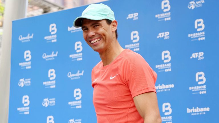 Rafael Nadal of Spain smiles during a public appearance in the Queen Street Mall, ahead of the Brisbane International tennis tournament in Brisbane, Australia, Friday, Dec. 29, 2023. (Tertius Pickard/AP)