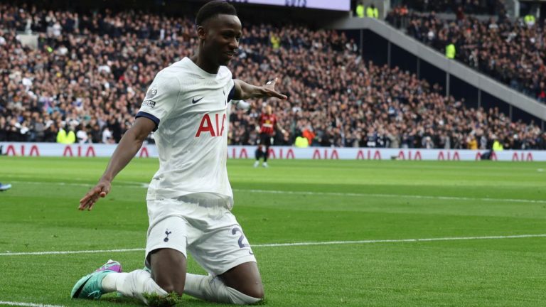 Tottenham's Pape Matar Sarr celebrates after scoring his side's opening goal during the English Premier League soccer match between Tottenham Hotspur and AFC Bournemouth at the Tottenham Hotspur Stadium in London, Sunday, Dec. 31, 2023. (Ian Walton/AP Photo)
