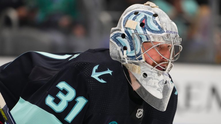 Seattle Kraken goaltender Philipp Grubauer (31) looks on against the Colorado Avalanche during the second period of an NHL hockey game Tuesday, Oct. 17, 2023, in Seattle. (Lindsey Wasson/AP)