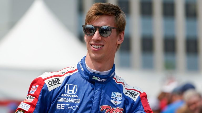 Sting Ray Robb is introduced before the IndyCar Detroit Grand Prix auto race in Detroit, Sunday, June 4, 2023. (AP Photo/Paul Sancya)