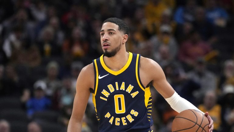 Indiana Pacers guard Tyrese Haliburton (0) plays against the Portland Trail Blazers during the second half of an NBA basketball game in Indianapolis, Monday, Nov. 27, 2023. The Trail Blazers defeated the Pacers 114-110. (Michael Conroy/AP Photo)