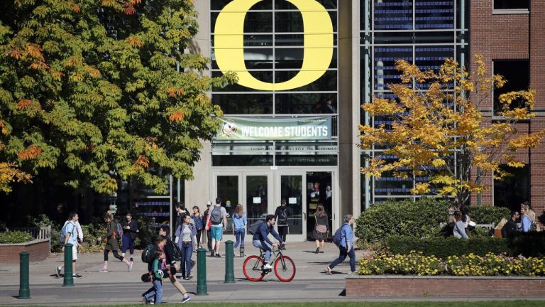 The University of Oregon campus is shown, in Eugene, Ore., Oct. 6, 2017. Thirty-two female athletes filed a lawsuit against the University of Oregon, Friday, Dec. 1, 2023, that alleges the school is violating Title IX by not providing equal treatment and opportunities to women. (Andy Nelson/The Register-Guard via AP)