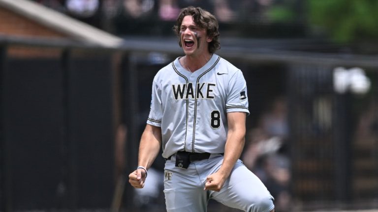 Wake Forest's Nick Kurtz celebrates after Danny Corona hit a home run during the third inning of an NCAA college baseball tournament super regional game against Alabama, Sunday, June 11, 2023, in Winston-Salem, N.C. (Matt Kelley/AP)