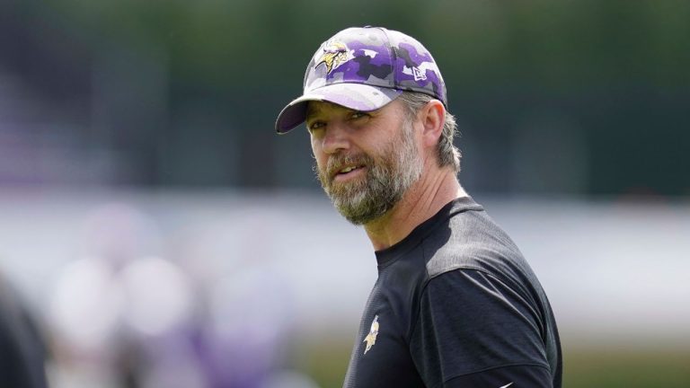 Minnesota Vikings offensive coordinator Wes Phillips looks on during the NFL football team's training camp in Eagan, Minn., July 27, 2022. (Abbie Parr/AP Photo)