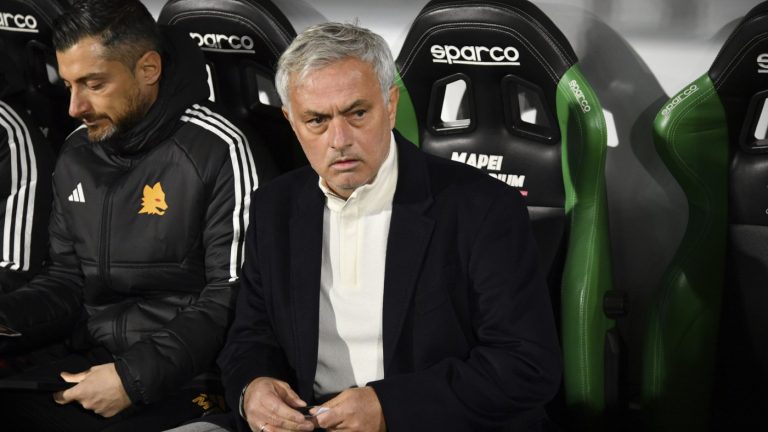 Roma's coach Jose Mourinho looks on ahead of the Italian Serie A soccer match between Sassuolo Calcio and Roma, at the Mapei Stadium, in Reggio Emilia, Italy, Sunday, Dec. 3, 2023. (Massimo Paolone /LaPresse via AP)