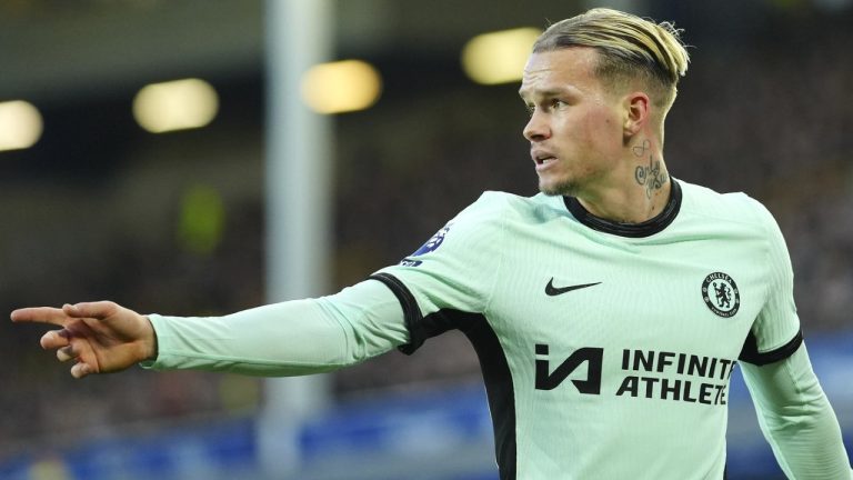 Chelsea's Mykhailo Mudryk during the English Premier League soccer match between Everton and Chelsea, at Goodison Park Stadium, in Liverpool, England, Sunday, Dec.10, 2023. (Jon Super/AP)