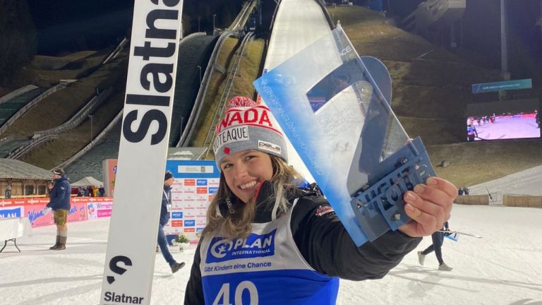 Canada's Abigail Strate, shown in this handout image, won bronze at a women's World Cup ski jumping competition in Garmisch-Partenkirchen, Germany on Saturday Dec. 30, 2023,. (THE CANADIAN PRESS/HO-Ski Jumping Canada)