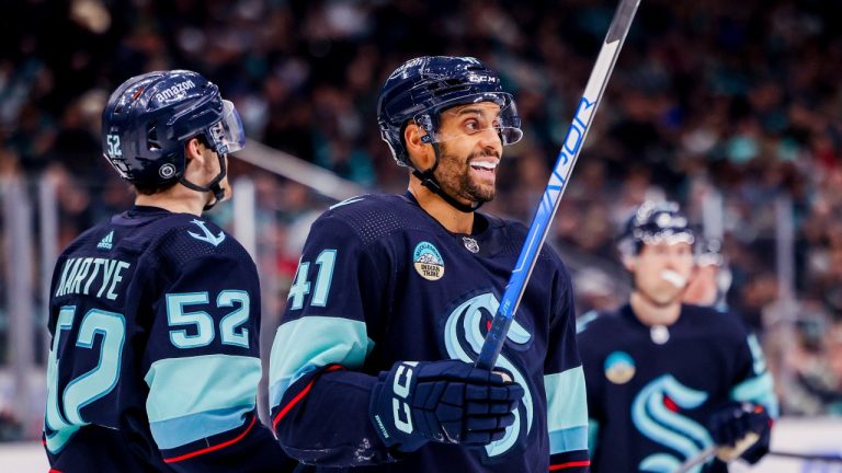 Seattle Kraken left wing Pierre-Edouard Bellemare reacts during the third period in an NHL hockey game against the San Jose Sharks Wednesday, Nov. 22, 2023, in Seattle. (Maddy Grassy/AP Photo)