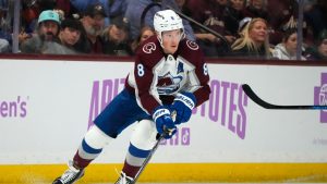 Colorado Avalanche defenceman Cale Makar skates with the puck against the Arizona Coyotes during the second period of an NHL hockey game Thursday, Nov. 30, 2023, in Tempe, Ariz. (Ross D. Franklin/AP)