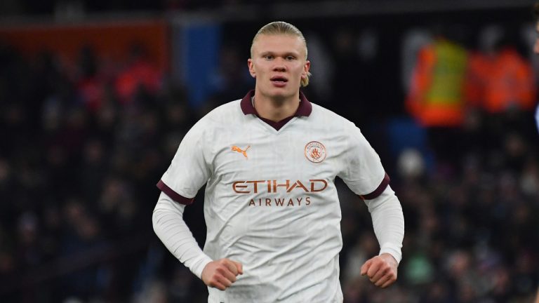 Manchester City's Erling Haaland during the English Premier League soccer match between Aston Villa and Manchester City at Villa Park in Birmingham, England, Wednesday, Dec. 6, 2023. (Rui Vieira/AP)