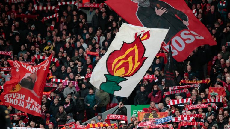 Fans hold up tributes to the victims of the Hillsborough disaster before the English Premier League soccer match between Liverpool and Brighton at Anfield Stadium, Liverpool, England, Saturday, Nov. 30, 2019. (Jon Super/AP)