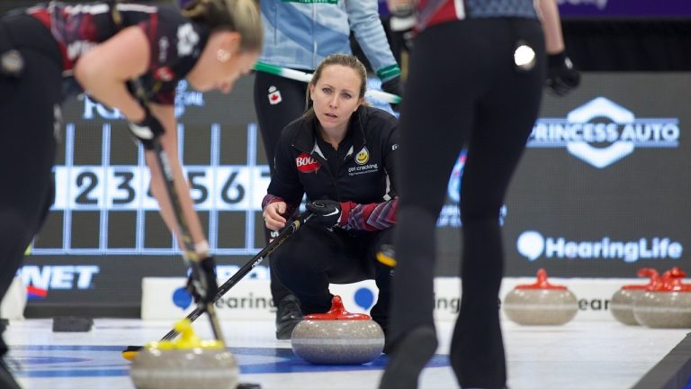 Rachel Homan (centre) watches her team's rock during Draw 3 action in the WFG Masters on Tuesday, Dec. 12, 2023, at Saskatoon's Merlis Belsher Place. (Anil Mungal/GSOC)
