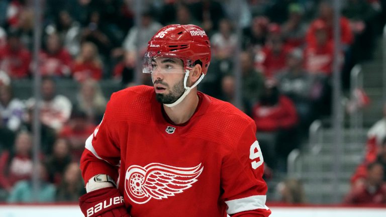 Detroit Red Wings defenseman Jake Walman plays during the second period of an NHL hockey game, Saturday, Oct. 14, 2023, in Detroit. (Carlos Osorio/AP)