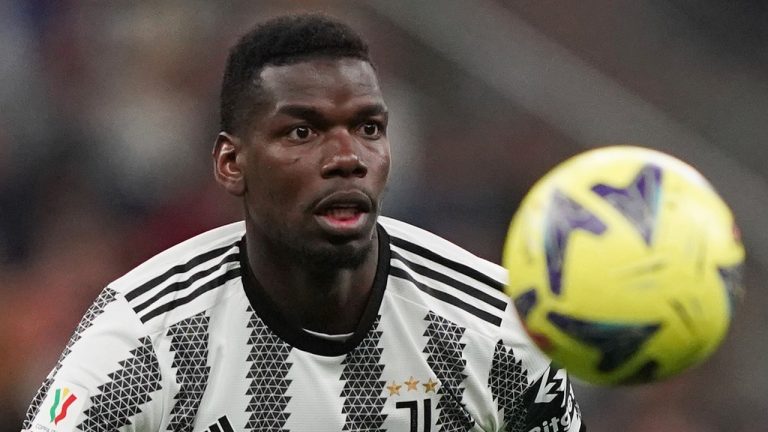 Juventus' Paul Pogba controls the ball during an Italian Cup soccer match between Internazionale and Juventus, at the Giuseppe Meazza San Siro Stadium, in Milan, Italy, April 26, 2023. (Spada/LaPresse via AP)