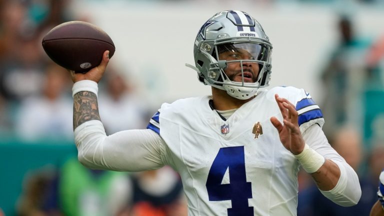 Dallas Cowboys quarterback Dak Prescott (4) stands back to pass during the first half of an NFL football game against the Miami Dolphins, Sunday, Dec. 24, 2023, in Miami Gardens, Fla. (Rebecca Blackwell/AP Photo)