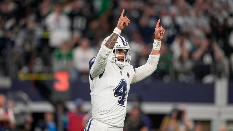 Dallas Cowboys quarterback Dak Prescott reacts after a play against the Philadelphia Eagles during the first half of an NFL football game, Sunday, Dec. 10, 2023, in Arlington, Texas. (Tony Gutierrez/AP Photo)