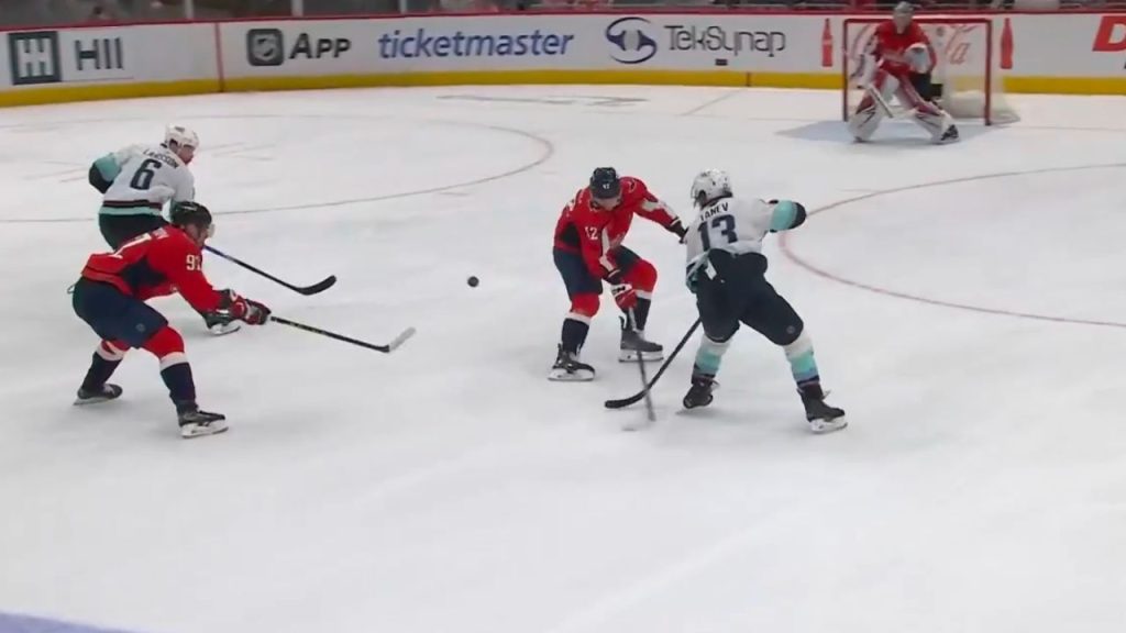 Kraken’s Tanev feeds Larsson the perfect saucer pass, who then tucks in the sweet backhand BVM
