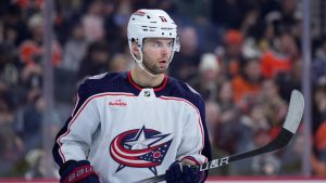 Columbus Blue Jackets forward Adam Fantilli has suffered a cut to his left leg from a stake blade, the team announced Monday. (AP/Matt Slocum)