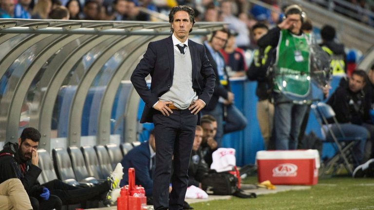 Biello looks on from the sideline during second half MLS soccer action against the New England Revolution in Montreal, Sunday, October 22, 2017. (Graham Hughes/CP Photo)