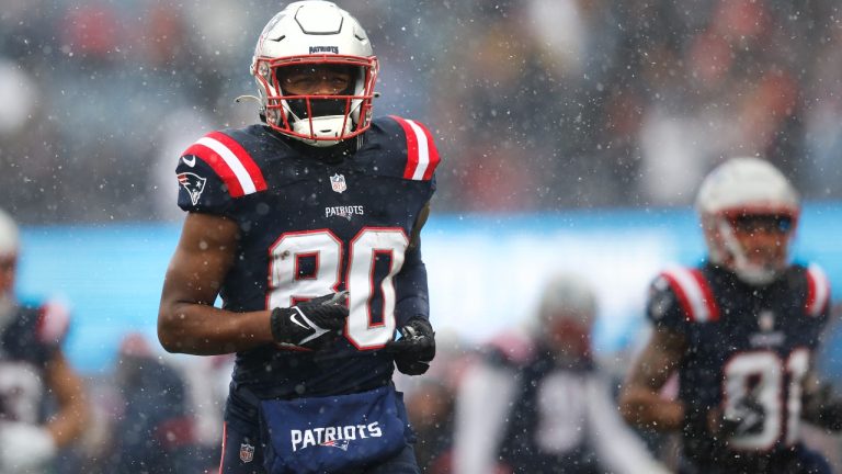 New England Patriots wide receiver Kayshon Boutte (80) prior to an NFL football game, Sunday, Jan. 7, 2024, in Foxborough, Mass. (Michael Dwyer/AP)