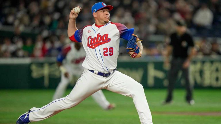 Yariel Rodriguez of Cuba pitches during the World Baseball Classic quarterfinal game between Cuba and Australia at the Tokyo Dome Tokyo, Wednesday, March 15, 2023. (Eugene Hoshiko/AP)