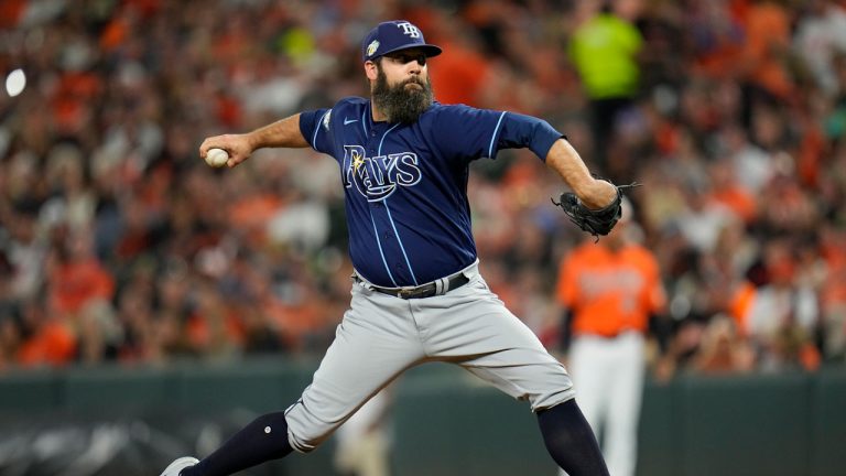 Tampa Bay Rays relief pitcher Andrew Kittredge throws to the Baltimore Orioles in the eighth inning of a baseball game, Saturday, Sept. 16, 2023, in Baltimore. The Orioles won 8-0. (Julio Cortez/AP)