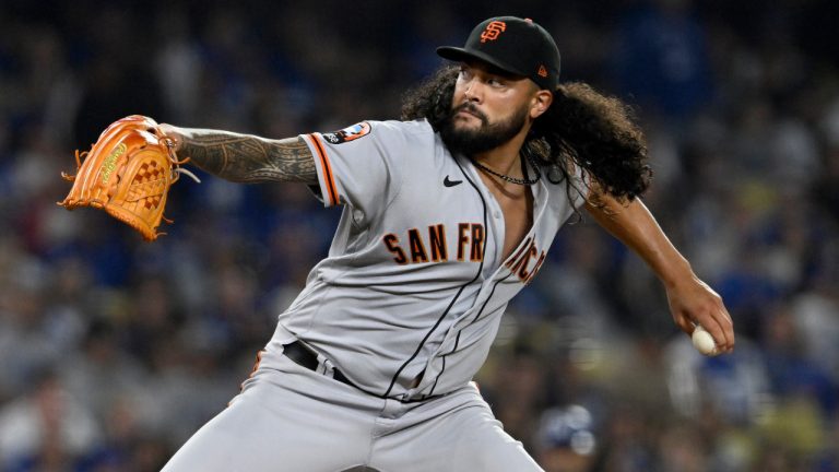 Pitcher Sean Manaea throws for the Giants in a game in Los Angeles, on Friday, Sept. 22, 2023. (Alex Gallardo/AP)