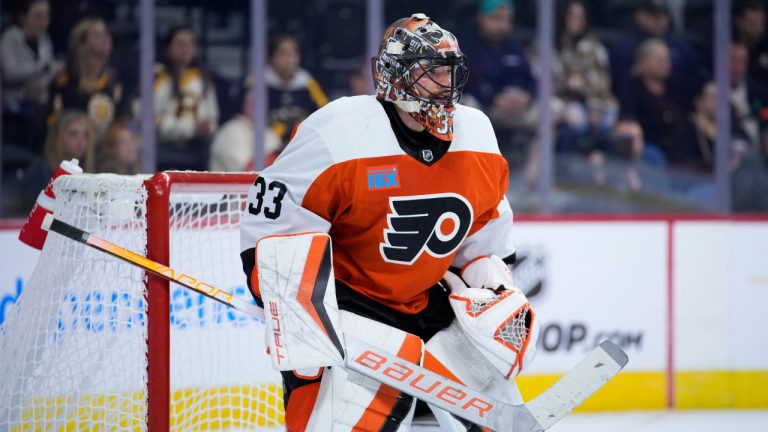 Philadelphia Flyers' Samuel Ersson plays during a preseason NHL hockey game, Monday, Oct. 2, 2023, in Philadelphia. (AP Photo/Matt Slocum) 