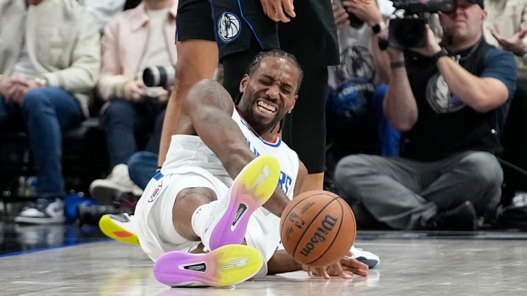 Los Angeles Clippers forward Kawhi Leonard hits the floor hard during the second half of an NBA basketball game against the Dallas Mavericks in Dallas, Wednesday, Dec. 20, 2023. (LM Otero/AP)
