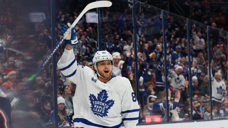 Toronto Maple Leafs' William Nylander celebrates after his goal against the Columbus Blue Jackets during the third period of an NHL hockey game Saturday, Dec. 23, 2023, in Columbus, Ohio. (Jay LaPrete/AP)