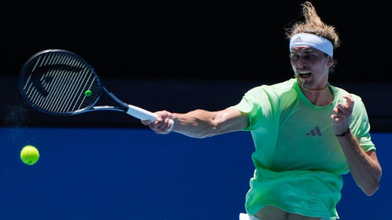 Germany's Alexander Zverev plays a forehand return during a practice session ahead of the Australian Open tennis championships at Melbourne Park, Melbourne, Australia, Friday, Jan. 12, 2024. (Andy Wong/AP) 