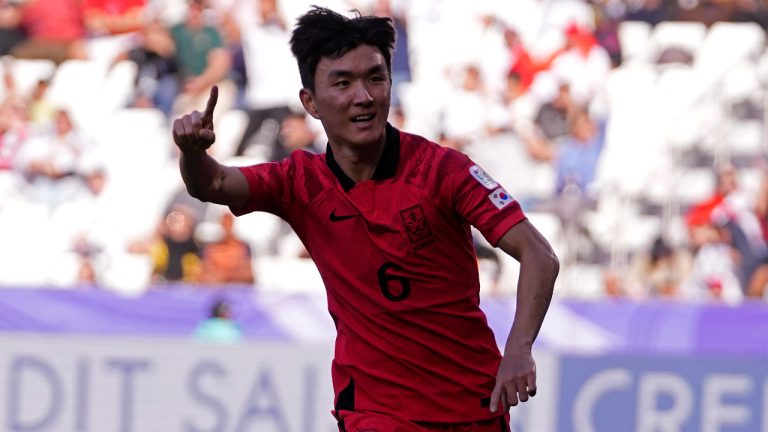South Korea's Hwang In-beom celebrates after scoring the opening goal during the Asian Cup Group E soccer match between South Korea and Bahrain at Jassim Bin Hamad Stadium in Doha, Qatar, Monday, Jan. 15, 2024. (Thanassis Stavrakis/AP)