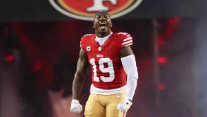 San Francisco 49ers wide receiver Deebo Samuel (19) enters the field before an NFL football NFC divisional playoff game against the Green Bay Packers, Saturday, Jan. 20, 2024, in Santa Clara, Calif. (Jed Jacobsohn/AP)