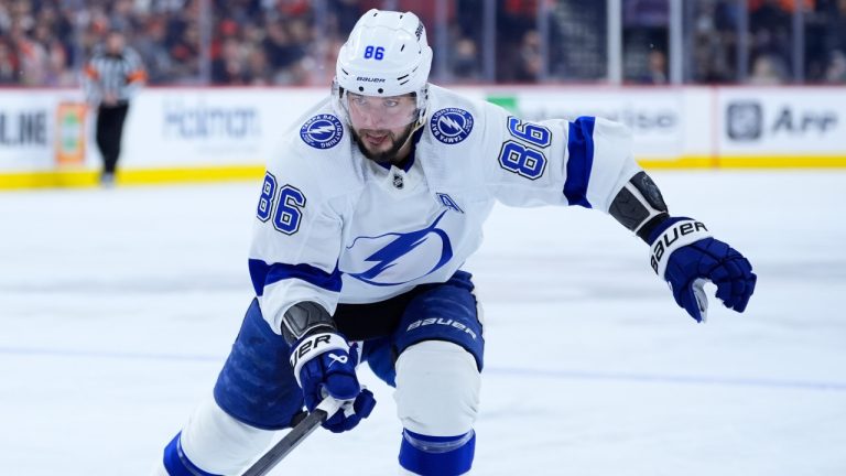 Tampa Bay Lightning's Nikita Kucherov plays during an NHL hockey game, Tuesday, Jan. 23, 2024, in Philadelphia. (Matt Slocum/AP)