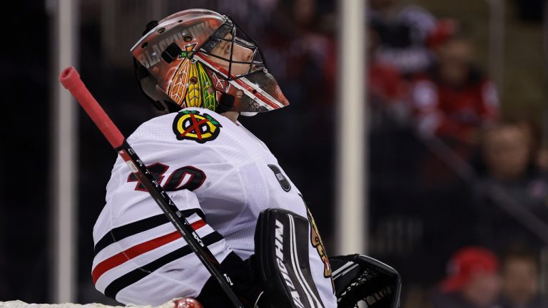 Chicago Blackhawks goaltender Arvid Soderblom (40) reacts against the New Jersey Devils during the second period of an NHL hockey game Friday, Jan. 5, 2024, in Newark, N.J. (Adam Hunger/AP)