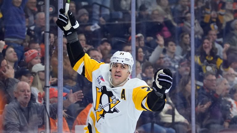 Pittsburgh Penguins' Evgeni Malkin reacts after scoring a goal during the third period of an NHL hockey game against the Philadelphia Flyers, Monday, Jan. 8, 2024, in Philadelphia. (Matt Slocum/AP)