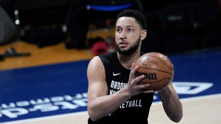 Brooklyn Nets guard Ben Simmons practices during a training session on the eve of the NBA basketball game between Brooklyn Nets and Cleveland Cavaliers, in Levallois-Perret, outside Paris, Wednesday, Jan. 10, 2024. (Thibault Camus/AP)
