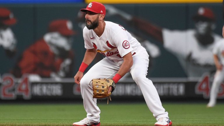 St. Louis Cardinals second baseman Matt Carpenter takes up his position during the third inning of the team's baseball game against the Atlanta Braves on Aug. 5, 2021, in St. Louis.  (Joe Puetz/AP Photo)