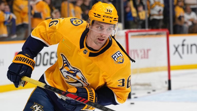 Nashville Predators left wing Cole Smith (36) warms up before the team's NHL hockey game against the Carolina Hurricanes, Wednesday, Dec. 27, 2023, in Nashville, Tenn. (George Walker IV/AP)