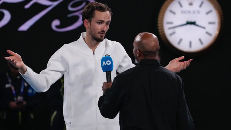 Daniil Medvedev of Russia gestures as he is interviewed after defeating Emil Ruusuvuori of Finland in their second round match at the Australian Open tennis championships at Melbourne Park, Melbourne, Australia, Friday, Jan. 19, 2024. (Andy Wong/AP)