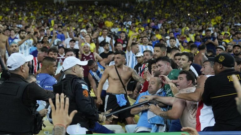 The Brazilian and Argentine soccer federations were both fined by FIFA for a brawl between rival fans. (AP/Silvia Izquierdo)