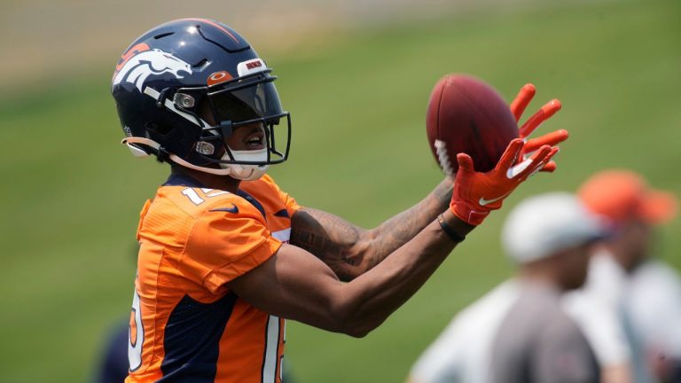 Denver Broncos wide receiver Travis Fulgham takes part in drills during the NFL team's practice at the Broncos' headquarters Monday, June 13, 2022, in Centennial, Colo. (David Zalubowski/AP Photo)