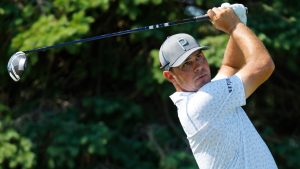 Gary Woodland tees off on the second hole during the second round at the 3M Open golf tournament at the Tournament Players Club Friday, July 28, 2023, in Blaine, Minn. (AP Photo/Bruce Kluckhohn)