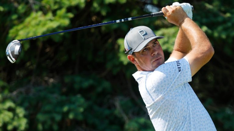 Gary Woodland tees off on the second hole during the second round at the 3M Open golf tournament at the Tournament Players Club Friday, July 28, 2023, in Blaine, Minn. (AP Photo/Bruce Kluckhohn)