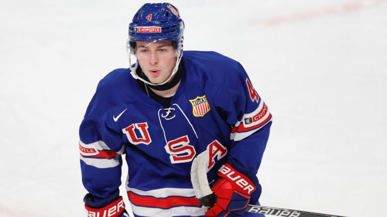 Gavin Brindley of the USA celebrates scoring, during the IIHF World Junior Championship group B ice hockey match between USA and Norway at Frolundaborg in Gothenburg, Sweden, Tuesday, Dec. 26, 2023. (Adam Ihse /TT News Agency via AP)