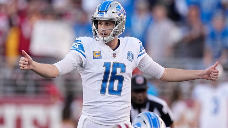 Detroit Lions quarterback Jared Goff (16) signals at the line of scrimmage during the first half of the NFC Championship NFL football game against the San Francisco 49ers in Santa Clara, Calif., Sunday, Jan. 28, 2024. (Mark J. Terrill/AP)