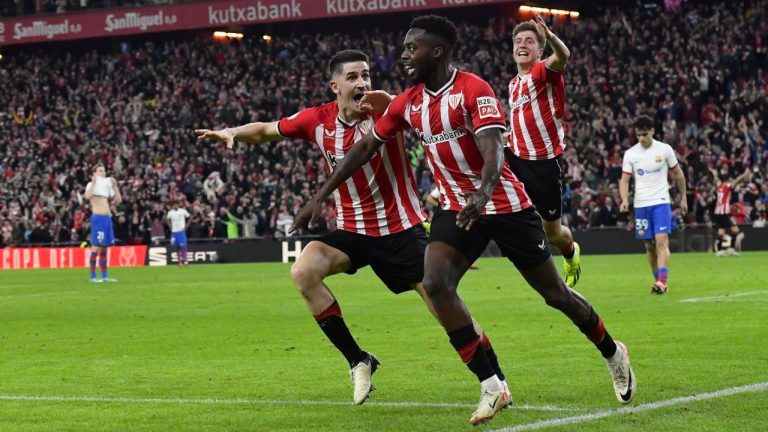 Athletic Bilbao's Inaki Williams celebrates scoring his side's third goal during the Copa del Rey quarterfinals soccer match between Athletic Bilbao and Barcelona at the San Mames stadium in Bilbao, Spain, on Wednesday, Jan. 24, 2024. (Alvaro Barrientos/AP Photo)